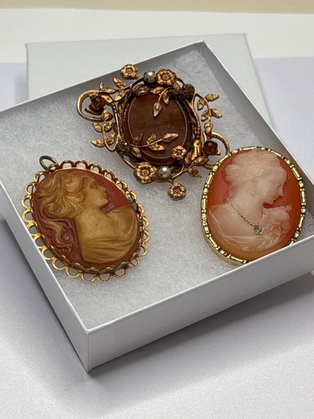 Vintage Victorian Revival Brooch |Oval Translucent Amber Glass Faux Pearl Accent